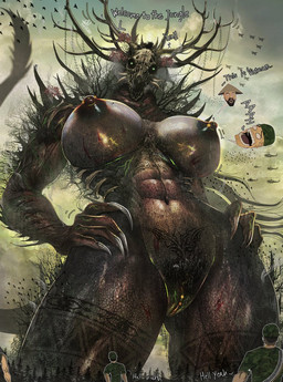 abdomen_markings abs aircraft airplane anthro antlers areola barbell_piercing bone breasts chest_markings claws clothing dialogue female forest genital_piercing genitals green_eyes hair hand_on_hip helicopter horn jet leg_markings long_hair macro male markings military military_uniform motion_lines muscular muscular_anthro muscular_female navel nipple_piercing nipples piercing plant pubes skull skull_head soldier spikes spikes_(anatomy) tail text tree uniform vehicle vines vulva vulva_piercing warrior womb_tattoo netxart american_mythology indigenous_north_american_mythology mythology north_american_mythology project_kaiju this_is_sparta_(meme) tb-090_jungle human kaiju mammal wendigo signature