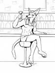 bar barefoot beverage chair feet furniture male sitting solo cirruskitfox egyptian_mythology middle_eastern_mythology mythology anubis anubian_jackal canid canine canis deity jackal mammal absurd_res black_and_white hi_res monochrome