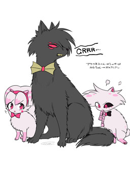 4_eyes alternate_species dog_toy female feral feralized group growling male multi_eye text trio enaic31 hazbin_hotel hellaverse angel_dust arackniss_(hazbin_hotel) molly_(hazbin_hotel) canid canine canis domestic_dog mammal absurd_res hi_res japanese_text translation_request brother_(lore) brother_and_sister_(lore) brothers_(lore) sibling_(lore) sister_(lore)