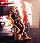 4_toes 5_fingers ambulance anthro barefoot bedroom_eyes belt belt_pouch biped black_body black_fur black_stripes blue_eyes bottomwear cheek_tuft chest_tuft clock clothed clothing detailed_background ears_back facial_tuft fangs feet fingers fluffy fur glowing glowing_eyes leaning leaning_backward licking licking_lips licking_own_lips looking_at_viewer male medium_truck motor_vehicle multicolored_body multicolored_fur narrowed_eyes orange_body orange_fur pants paramedic pink_nose pivoted_ears plantigrade seductive self_lick shirt solo standing star_of_life striped_body striped_fur stripes teeth toes tongue tongue_out topwear truck tuft uniform vehicle watch white_body white_fur wristwatch reoisready felid mammal pantherine tiger 2012 digital_media_(artwork) signature