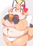 anthro belly big_belly big_breasts blush bow_bra bow_panties bow_underwear bra breasts brown_body brown_fur burger clothed clothing eating female food frilly frilly_bra frilly_clothing frilly_underwear fur hair halo holding_burger holding_food holding_object kemono ketchup looking_at_viewer navel open_mouth overweight overweight_anthro overweight_female panties pink_bra pink_clothing pink_underwear red_eyes ribbons simple_background solo teeth topwear training_bra underwear underwear_only white_body white_clothing white_fur white_panties white_underwear rantan_chan tenshi_chan canid canine fox mammal absurd_res digital_media_(artwork) hi_res