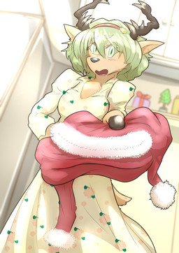 anthro brown_body brown_fur christmas_clothing christmas_topwear clothing female fur green_eyes green_hair hair holidays horn kemono solo tail topwear mttbsmn christmas asty_(mttbsmn) deer mammal new_world_deer reindeer absurd_res hi_res japanese_description