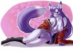 abstract_background anthro asian_clothing biped blush breasts clothing east_asian_clothing female fur genitals hair japanese_clothing kimono long_hair looking_at_viewer lying multicolored_hair nipples nude pose purple_body purple_eyes purple_fur pussy simple_background smile solo white_body white_fur whitephox ayumi_(whitephox) canid canine fox mammal 2014