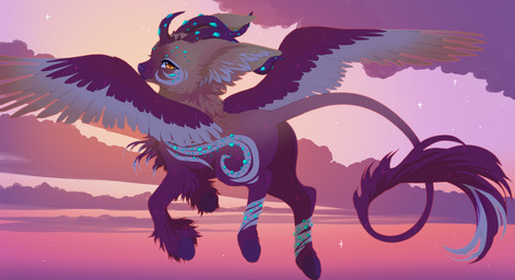 ambiguous_gender brown_body brown_fur day feathers female feral fetlocks fur gem hooves horn orange_eyes outside purple_body purple_feathers sky smile solo sunset wings akitamonster mythology canid canine chimera deer equid equine felid hybrid lion mammal minkin mythological_creature mythological_equine pantherine pegasus digital_media_(artwork) hi_res