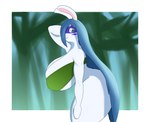 anthro big_breasts big_butt blue_eyes blue_hair bottomless breasts butt clothed clothing facial_markings female fur green_clothing green_topwear hair hair_over_eyes hand_behind_head head_markings huge_breasts huge_butt long_hair looking_at_viewer markings side_view smile solo thick_thighs topwear white_body white_fur wide_hips idaialo mario_plus_rabbids_sparks_of_hope raving_rabbids rayman_(series) ubisoft allegra_(mario_plus_rabbids) lagomorph leporid mammal rabbid rabbit hi_res