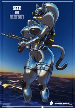 anthro big_breasts breasts clothing crotch_zipper diving_mask female grey_clothing grey_latex grey_skinsuit gun holding_gun holding_object holding_ranged_weapon holding_rifle holding_weapon huge_breasts latex latex_clothing latex_skinsuit mask partially_submerged ranged_weapon rifle scuba scuba_gear scuba_tank skinsuit solo standing tail text tight_clothing water weapon wetsuit wide_hips buffbumblebee domestic_cat felid feline felis mammal 2026 english_text hi_res