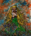 abstract_background anthro blonde_hair clothing female flower green_clothing hair jewelry long_hair necklace plant smile solo janet_k_wallace the_moomins fillyjonk colored_pencil_(artwork) hi_res painting_(artwork) traditional_media_(artwork) watercolor_(artwork)