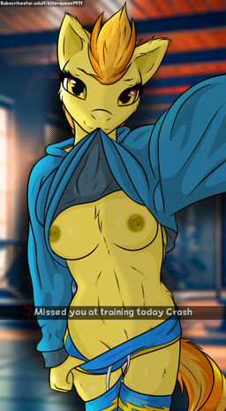 anthro areola athletic athletic_anthro athletic_wear bottomwear breasts cheek_tuft clothed clothing facial_tuft female fluffy fluffy_chest fluffy_ears gym gym_bottomwear gym_shorts hoodie legwear looking_at_viewer nipples presenting presenting_breasts raised_clothing raised_topwear selfie shorts solo teasing text thigh_highs topwear tuft wings killerqueen1911 friendship_is_magic hasbro my_little_pony mythology snapchat spitfire_(mlp) wonderbolts_(mlp) equid equine horse mammal mythological_creature mythological_equine pegasus pony absurd_res english_text hi_res