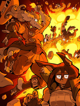 5_fingers 5_toes action_scene anthro armor bodily_fluids breasts claws clothing elemental_manipulation explosion feet female finger_claws fingerless_gloves fingerpads fingers fire fire_manipulation fireball gloves green_eyes group handwear magic magic_user metal_armor nipples pawpads plantigrade_pawpads sharp_teeth soles stirrup_footwear sweat sweatdrop tail teeth toe_claws toes tongue tongue_out topwear torn_clothing torn_topwear ceehaz dog_knight_rpg orinette_(ceehaz) rory_(ceehaz) borzoi canid canine canis dobermann domestic_dog hunting_dog hyena mammal pinscher sighthound 2026 3:4 absurd_res hi_res