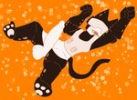 anthro armor balls cat_tail clothing feline_ears genitals gloves handwear headgear helmet lying male on_back orange_background paws penis sharp_teeth simple_background solo teeth topwear vest slimysage tankmen tankman felid mammal hi_res