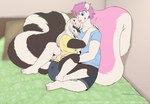 anthro barefoot bed big_tail black_body black_fur blue_eyes breasts clothed clothing eyes_closed feet female fluffy fluffy_tail fur furniture hair hug inside male male/female multicolored_body multicolored_fur pink_body pink_fur pink_hair pink_nose tail white_body white_fur white_hair iko claude_(iceblueeyes) emmy_(emeraldskunk) mammal mephitid skunk 2018 digital_drawing_(artwork) digital_media_(artwork) hi_res