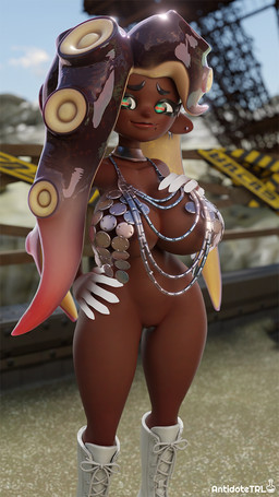 areola areola_slip big_breasts black_hair boots bottomless breasts brown_areola clothed clothing dark_body dark_skin dipstick_hair ear_piercing eyelashes female footwear front_view genitals green_eyes hair hand_on_chest hand_on_hip horizontal_pupils huge_breasts humanoid_pointy_ears jewelry long_hair looking_at_viewer mole_under_mouth mostly_nude navel navel_piercing necklace piercing pointy_ears pseudo_hair pupils red_hair shoes smile solo tentacle_hair tentacles thick_thighs vulva white_boots white_clothing white_footwear wide_hips antidotetrl nintendo splatoon marina_(splatoon) animal_humanoid aquatic aquatic_humanoid cephalopod cephalopod_humanoid humanoid mollusk mollusk_humanoid octarian octoling octopus_humanoid 3d_(artwork) digital_media_(artwork) hi_res