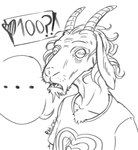 anthro clothing ellipsis horizontal_pupils horn male mature_male pupils shirt solo surprise surprised_expression topwear r4t1cky eugene_(r4t1cky) bovid caprine goat mammal monochrome