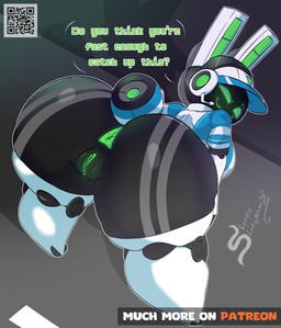 anthro anus bent_over big_anus big_breasts big_butt black_body blue_clothing blue_topwear breasts butt clothing dialogue electronics female genitals green_anus green_eyes green_vulva hat headgear headphones headwear huge_butt huge_hips huge_thighs legwear looking_at_viewer looking_back looking_back_at_viewer qr_code rear_view smile solo talking_to_viewer text thick_thighs thigh_highs topwear visor_cap vulva white_clothing white_legwear white_thigh_highs wide_hips shirou_shirigamy project_turboblast tempo_(project_turboblast) animal_humanoid humanoid lagomorph leporid mammal rabbit robot_anthro absurd_res hi_res