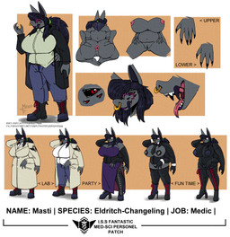 4_arms accessory big_breasts black_sclera boots breasts butt clothing coat dress eldritch eyewear footwear glasses hair high_heeled_boots high_heels lab_coat latex latex_clothing latex_skinsuit legwear long_hair medic multi_arm multi_eye multi_limb necktie pasties shoes skinsuit slightly_chubby solo spread_butt spreading text thigh_boots thigh_highs tight_clothing topwear masterzoroark666 chelicarae english_text hi_res model_sheet url