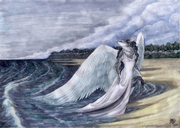 alternative_fashion anthro beach clothing detailed_background dress feathered_wings feathers female goth hair outside sand sea seaside sky solo storm tail water wind wings bluari canid canine canis mammal wolf