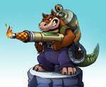 anthro clothing fire flamethrower male ranged_weapon rock simple_background solo weapon veyz activision crash_bandicoot_(series) dingodile canid canine canis crocodile crocodilian dingo hybrid mammal reptile scalie 2017 signature