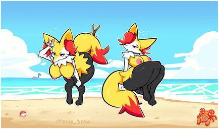 annoyed anthro areola bent_over big_butt black_body black_fur border breasts butt cheek_tuft cloud dipstick_tail eyelashes facial_tuft female female_anthro fur furrowed_eyebrows gesture glistening glistening_breasts hand_gesture handpaw inner_ear_fluff markings multicolored_body multicolored_fur neck_tuft nipples nude nude_anthro nude_female object_in_tail orange_body orange_fur outside paws pink_areola pink_nipples pointy_ears pointy_nose pokeball pseudo_clothing sand sea sitting sky stick stick_in_tail tail tail_markings thick_thighs tuft v_sign water white_body white_border white_fur wide_hips yellow_body yellow_fur nova3050 nintendo pokemon braixen generation_1_pokemon generation_6_pokemon lapras parasect pokemon_(species) 2026 absurd_res digital_drawing_(artwork) digital_media_(artwork) hi_res