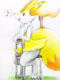 ambiguous_anthro ambiguous_gender anthro big_tail biped blush chair digitigrade dipstick_tail flat_chested furniture looking_at_viewer markings musical_note musical_symbol nude_ambiguous nude_anthro object_in_tail open_:3 open_mouth open_smile pink_bow side_view simple_background sitting sitting_backwards smile snout solo speech_bubble stick stick_in_tail symbol tail tail_markings tongue eiroru nintendo pokemon braixen canid generation_6_pokemon mammal pokemon_(species) 2024 3:4 colored colored_pencil_(artwork) full-length_portrait graphite_(artwork) hi_res portrait shaded traditional_media_(artwork)