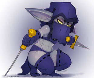 5_fingers asian_clothing assassin blade bottomwear breasts clothed clothing crop_top crouching dagger dual_wielding east_asian_clothing female fingers footwear gloves grey_body grey_skin handwear holding_object holding_weapon hood humanoid_pointy_ears japanese_clothing loincloth looking_at_viewer melee_weapon midriff navel not_furry pointy_ears red_eyes shirt simple_background small_breasts socks solo tabi_socks thick_thighs topwear veil weapon white_background nerdbayne goblin humanoid 2023 absurd_res hi_res signature