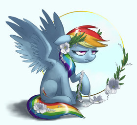 annoyed blue_body blue_feathers blue_fur cutie_mark feathered_wings feathers female feral flower fur grumpy hair leaf multicolored_hair multicolored_tail plant purple_eyes rainbow_hair rainbow_tail simple_background sitting solo tail white_background wing_boner wings wreath joieart friendship_is_magic hasbro my_little_pony mythology rainbow_dash_(mlp) equid equine mammal mythological_creature mythological_equine pegasus 2013