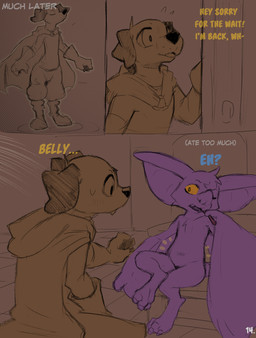 3_toes ambiguous_gender anthro big_ears blue_text cloak clothed clothing dialogue duo exposed_belly feet purple_body sitting text toes wings yellow_eyes yellow_text conditional_dnp dacad tyler_(dacad) zipper_(dacad) bat canid canine mammal comic english_text hi_res restricted_palette