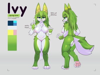 4_toes anthro big_breasts blue_eyes breasts feet female fur genitals green_body green_fur hair long_ears long_hair multicolored_body palette pawpads raised_tail solo spring tail text toes vulva white_body white_fur yellow_body yellow_fur utopianvee canid canine fox mammal english_description english_text hi_res model_sheet