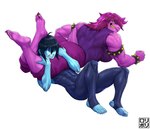 big_butt black_hair blue_body blue_skin bodysuit bottomwear butt clothing dominant dominant_female duo female grin hair male male/female muscular muscular_arms muscular_female muscular_male pants purple_body purple_bottomwear purple_clothing purple_hair purple_pants scissor_hold simple_background skinsuit smile submission_hold tight_clothing white_background jamrolypoly deltarune undertale_(series) kris_(deltarune) susie_(deltarune) mammal reptile scalie absurd_res full-length_portrait hi_res portrait