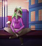 clothed clothing female green_hair hair hoodie sitting solo text topwear flimp cloakedthief jesse_(cloakedthief) canid canine mammal english_text hi_res