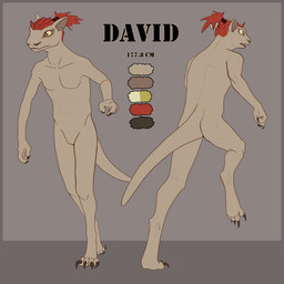 4_fingers 4_toes anthro border claws color_swatch digitigrade feather_hair feathers featureless_crotch feet fingers green_eyes grey_border hair male nude pseudo_hair red_hair simple_background solo tail tan_body tapering_tail text toes walking dlrp99 project_silverfish inheritor lizard reptile scalie 1:1 2026 english_text hi_res model_sheet
