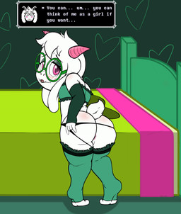 anthro anus armwear bed biped butt clothed clothing crossdressing dialogue eyebrows eyewear femboy fur furniture glasses horn long_ears male rear_view shota solo tail text text_box white_body white_fur young young_anthro theoryofstrings deltarune undertale_(series) ralsei bovid caprine darkner mammal 2024 absurd_res digital_media_(artwork) english_text hi_res