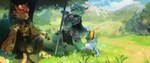 anthro armor blue_body brown_body clothed clothing detailed_background duo female field fur grass holding_object holding_weapon horn male melee_weapon mountain open_mouth plant shadow sky smile sword tail tree weapon hackainax cipher_sane avali avian kobold scalie digital_media_(artwork) hi_res