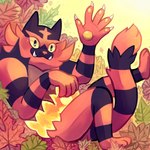 5_fingers ambiguous_gender anthro autumn_leaves black_body fingers fur green_eyes lying nails on_back on_ground pawpads pink_nose pupils red_body sharp_teeth solo tail teeth yellow_sclera flavia-elric nintendo pokemon generation_7_pokemon incineroar pokemon_(species) 1:1 2016 digital_media_(artwork) hi_res