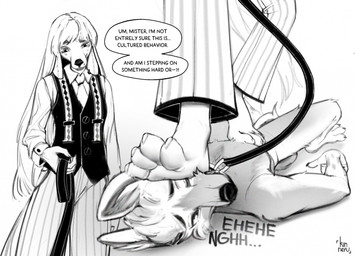 4_toes anthro bottomwear clothing collar duo feet female foot_fetish foot_focus foot_on_belly foot_on_face hair leash leashed_collar long_hair looking_down lying male male/female nude_anthro nude_male on_back pants paws shirt simple_background standing stepped_on stomping submissive submissive_anthro submissive_male text toes topwear white_background kinneru canid canine canis domestic_dog mammal english_text hi_res