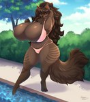 anthro big_breasts bikini breasts brown_body brown_fur brown_hair cleavage cleavage_overflow clothed clothing dipping_toe female fluffy fluffy_tail fur hair huge_breasts long_hair outside poolside red_eyes sharp_teeth solo swimwear tail tall teeth two-piece_swimsuit tiggybloom mythology marcy_(cryptozoo) canid canine canis mammal mythological_canine mythological_creature werecanid werecanine werecreature werewolf wolf 2023 hi_res watermark