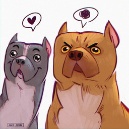 ambiguous_feral ambiguous_gender black_eyebrows brown_body brown_fur brown_nose closed_frown duo eyebrows fangs feral frown fur furrowed_brow furrowed_eyebrows grey_body grey_eyes grey_fur grey_nose grumpy happy heart_symbol light mouth_closed multicolored_body multicolored_fur open_mouth open_smile pink_inner_ear purple_line_art simple_background smile sparkles sparkling_eyes speech_bubble teeth text two_tone_body two_tone_fur white_background white_body white_fur yellow_eyes alice_pisoni canid canine canis domestic_dog mammal pit_bull 1:1 2023 adobe_photoshop_(artwork) artist_name colored colored_line_art digital_drawing_(artwork) digital_media_(artwork) english_description hi_res lighting shaded