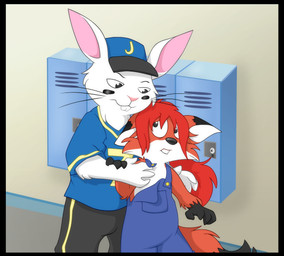 anthro baseball_cap black_border black_nose blue_clothing blue_overalls border buckteeth clothed clothing duo female fluffy fluffy_tail forced frown fully_clothed fur grope hair hat headgear headwear imminent_rape imminent_sex interspecies jersey locker male orange_body orange_fur overalls overalls_only pink_nose predator/prey public red_hair sexual_assault shirt shirtless simple_background size_difference standing tail tan_background teeth topwear whiskers white_body white_fur young young_anthro mizzyam ozy_and_millie jeremy_studley millicent_mudd canid canine fox lagomorph leporid mammal rabbit digital_media_(artwork) hi_res