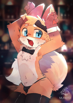anthro black_clothing black_thong black_underwear blue_eyes bodily_fluids bow_tie bulge chest_tuft clothing countershading detailed_bulge kemono legwear male navel open_mouth orange_body solo stockings strip_club sweat thong tuft underwear young young_anthro young_male mungto canid canine fox mammal 2026 hi_res korean_description