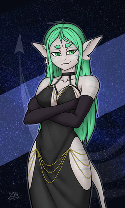 anthro black_clothing black_dress clothed clothing crossed_arms dress eyebrows female fur green_eyes green_hair hair looking_at_viewer night smile solo tail thick_eyebrows whiskers white_body zombot_art hollow_hip_backless_chain_dress voices_of_the_void alien ariral 3:5 hi_res meme