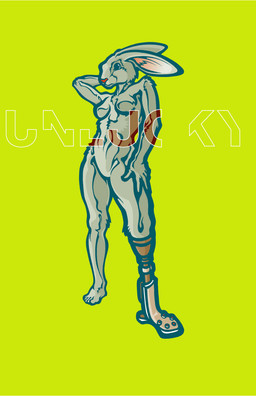 amputee anthro breasts cybernetics disability female fur green_background grey_body grey_fur long_ears machine navel nude prosthetic red_nose simple_background small_breasts solo standing pseudo_manitou cyborg lagomorph leporid mammal rabbit colored digital_drawing_(artwork) digital_media_(artwork)