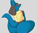 anthro big_butt breasts butt crouching female grey_background looking_back side_boob simple_background solo danonymous nintendo pokemon canid generation_4_pokemon lucario mammal pokemon_(species) 2020 hi_res