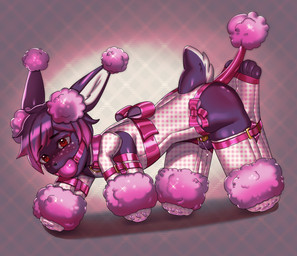 anthro ball_gag balls bdsm bitchsuit blush bondage bondage_gear bound chastity_cage chastity_device clothing collar costume feminization gag genitals highlights_(coloring) male pawpads plug_(sex_toy) ribbons sex_toy solo straps arh lagomorph leporid mammal rabbit hi_res