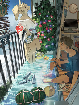 5_fingers anthro balcony big_breasts breasts cleavage clock clothed clothing cloud computer duo duo_focus electronics eyes_closed female fingers food fruit fur group hair kemono long_hair melon plant smile snout standing tree water watermelon white_body white_fur white_hair idobata_hp canid canine canis domestic_cat domestic_dog felid feline felis human mammal 3:4