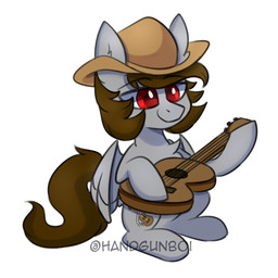 acoustic_guitar ambiguous_gender brown_hair chest_tuft clothing cutie_mark feathered_wings feathers feral fur grey_body grey_feathers grey_fur grey_wings guitar hair hat headgear headwear holding_object hooves musical_instrument plucked_string_instrument quadruped red_eyes simple_background sitting smile solo string_instrument tuft white_background wings handgunboi hasbro my_little_pony mythology fan_character equid equine horse mammal mythological_creature mythological_equine pegasus pony 1:1 2021 hi_res