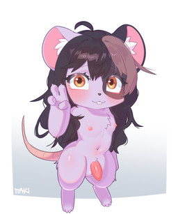 balls blush blush_lines chest_tuft digitigrade eyelashes genitals gesture hair hand_gesture long_hair male nude penis rat_tail simple_background smile solo standing tail teeth thick_thighs tuft v_sign ttaki mammal murid murine rodent 5:6 hi_res
