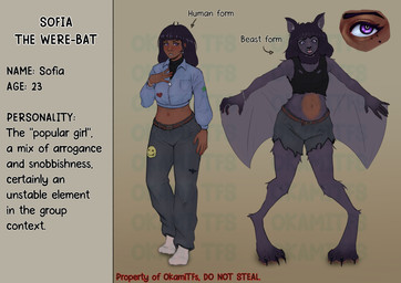 3_toes 5_fingers anthro belt biped bottomwear bracelet brown_body brown_skin claws clothed clothed_anthro clothed_female clothed_human clothing cropped_jacket eyebrows eyelashes fangs feet female female_anthro fingers footwear fully_clothed fully_clothed_anthro fully_clothed_female fully_clothed_human hair iris jewelry markings membrane_(anatomy) membranous_wings mole_(marking) navel pants pupils purple_body purple_eyes purple_hair ring socks solo teeth text toes torn_clothing wings okamitfs sofia_(okamitfs) sophia_(okamitfs) bat human mammal werebat werecreature artist_name character_name english_text hi_res model_sheet