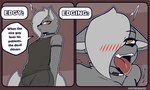 black_nose blush bodily_fluids bulge choker clothed clothing edging fishnet_clothing fluffy fluffy_tail fur grey_body grey_fur grey_hair hair jewelry looking_pleasured male necklace open_mouth orange_eyes saliva solo tail text tongue tongue_out the_man canid mammal 2024 absurd_res english_text hi_res