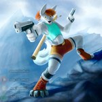 anthro cane claws clothed clothing cosplay footwear fur gun hair holding_gun holding_object holding_ranged_weapon holding_weapon landscape mountain patreon_logo paws ranged_weapon red_hair smile tail text toe_claws toeless_footwear twitter_logo weapon white_body white_fur white_tail yellow_eyes andy_234 patreon sofurry spotify tomb_raider twitter lara_croft canid canine fox mammal 1:1 english_text hi_res