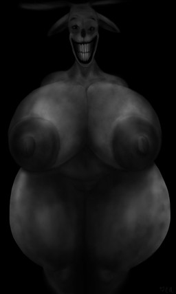 anthro antlers areola big_areola big_breasts big_nipples breasts bruised bruised_breast bruised_leg eye_bags eyelashes female genitals hallucination happy horn horror_(theme) huge_areola huge_breasts huge_nipples hyper hyper_areola hyper_breasts hyper_nipples long_ears long_eyelashes looking_at_viewer nightmare_fuel nipples nude scary smile smiling_at_viewer solo thick_thighs uneven_eyes vulva wide_hips wrinkles m4n the_deer_(m4n) deer mammal monster 3:5 absurd_res hi_res monochrome