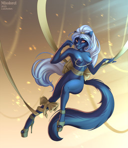 anthro bdsm blue_body blue_nipples bondage bound bow_ribbon clothing female footwear gradient_background hair high_heels nipple_chain nipple_piercing nipples piercing ponytail ribbon_bondage ribbons shoes simple_background solo tail text white_hair misslorel felid feline mammal absurd_res hi_res url